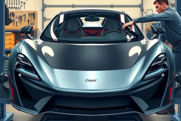 A detailed, high-resolution illustration of a mechanic replacing the windshield of a Carbonado Concept 5.5 V8 biturbo 700 hp sports car. The scene shows the car's front end on a lift, the old glass being removed, and a new clear windshield being fitted. The background is a garage with tools and a workbench. The focus is on the car's front, the windshield, and the mechanic's hands, with realistic lighting and reflections.