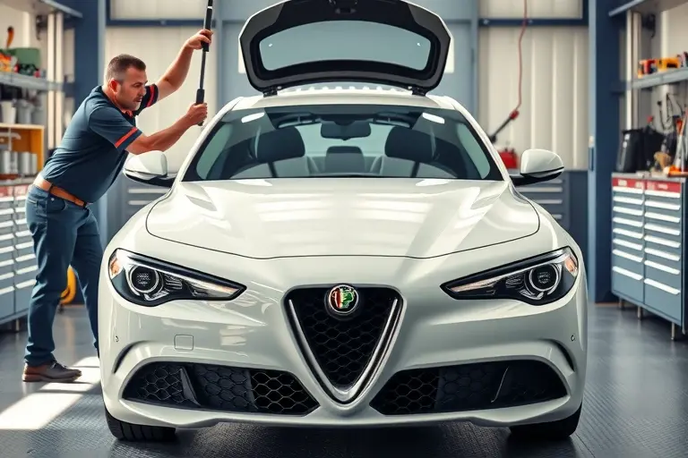 A realistic scene of a professional mechanic in a clean workshop carefully removing and installing a windshield on an Alfa Romeo Giulia 2.2 Diesel (136 hp). The car is positioned centrally, with the front hood open, showing the old windshield being lifted away and a new glass panel being aligned. Include typical tools such as suction cups, a rubber mallet, and a protective blanket, with soft natural lighting highlighting the sleek lines of the car and the glass. The background should be a tidy garage environment with subtle details like tool cabinets and a workbench, but no visible text or branding.