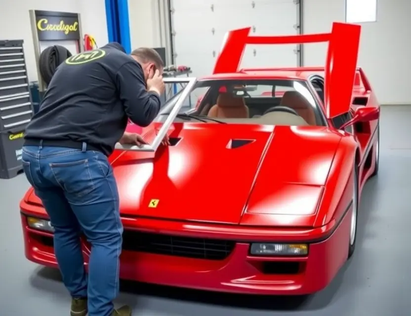 Предлагаем услугу по замене лобового стекла Ferrari F40 A high-quality image depicting the replacement of the windshield on a Ferrari F40. The scene should show a mechanic working on the car, with the old windshield being removed and the new one being installed. The Ferrari F40 should be prominently featured, showcasing its iconic design. The garage or workshop setting should be clean and well-lit.