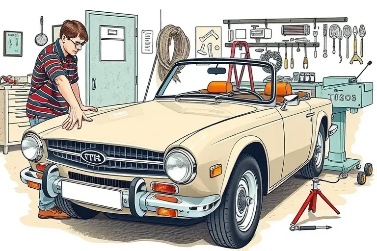 A detailed illustration of a mechanic replacing the windshield on a classic Triumph TR6 2.5 L R6 150 hp (1969-1976) in a workshop setting, showing the car's front, the old windshield being removed, the new windshield being installed, with tools and a workbench in the background.