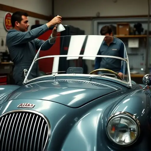 Close-up, realistic view of a classic Allard sports car in a small, well-lit garage workshop. A mechanic in overalls is carefully installing a brand-new windshield into the open frame of the Allard. The windshield glass is crystal clear, reflecting soft workshop lights. The car’s distinctive vintage grille and curved fenders are visible in the foreground, while tools and a parts tray sit neatly on a nearby workbench. The scene conveys precision and craftsmanship, captured in high detail.