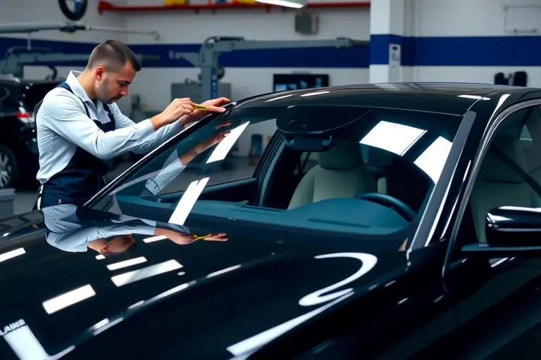 A high‑detail scene of an Alpina B8 Gran Coupe 4.4 V8 Biturbo with a partially removed windshield in a professional auto repair garage. A skilled mechanic in a clean uniform is carefully handling the new glass, using specialized tools. The car's sleek black paint and distinctive Alpina styling are clearly visible, with the focus on the windshield replacement process, realistic lighting, and a polished workshop environment.