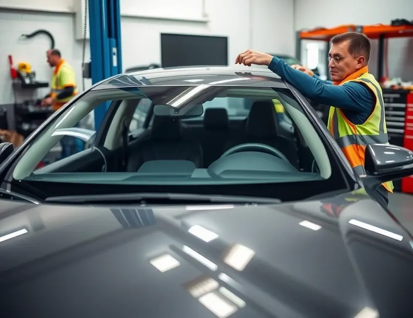 A car windshield being replaced by a technician in a garage. The car is a modern sedan, and the technician is wearing a safety vest. The background shows tools and equipment.