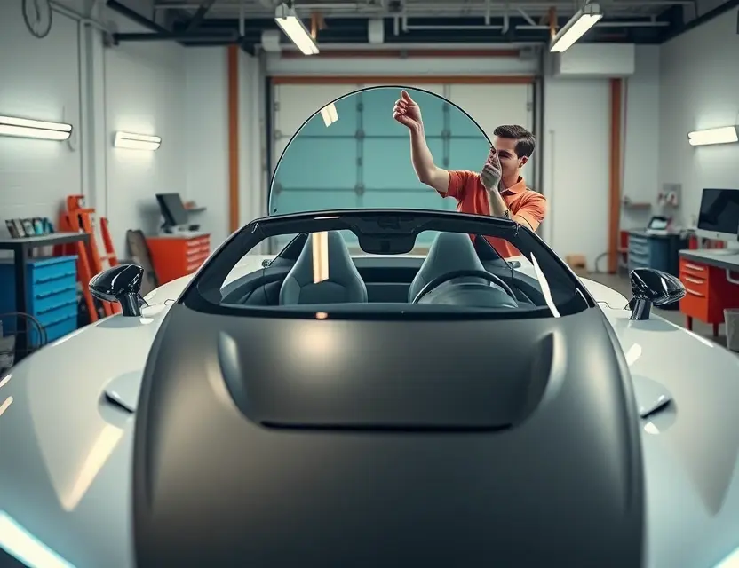 A professional mechanic replacing the windshield of an MG Cyberster electric sports car. The scene should show the car in a well-lit garage with the mechanic carefully removing the old windshield and preparing to install the new one. The car's sleek design and futuristic features should be visible.