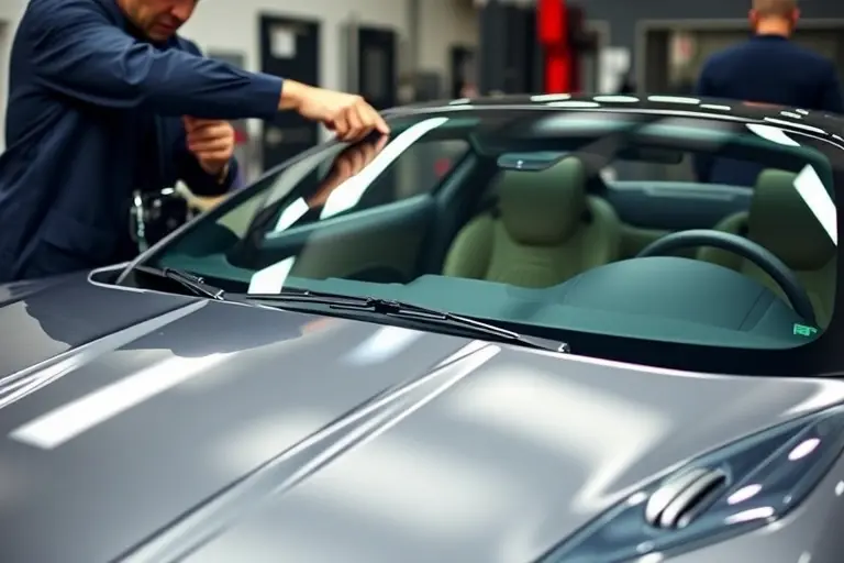 A detailed close-up of a mechanic replacing the windshield of a Maserati MC20 3.0 V6 Nettuno 630 hp, showing the car's sleek design, the new glass panel, tools, and a clean service bay