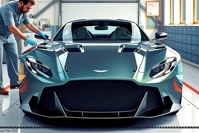 A high‑detail illustration of an Aston Martin V12 Zagato sports car in a modern workshop, focusing on the front view where the windshield is being professionally removed and replaced. The car's sleek, low‑profile body and distinctive Zagato styling cues are clearly visible, with technicians' gloved hands handling the glass, tools, and protective equipment, but without showing faces. The scene is well‑lit, emphasizing the glossy paint, carbon‑fiber details, and the new windshield being positioned, with a clean, organized garage background.