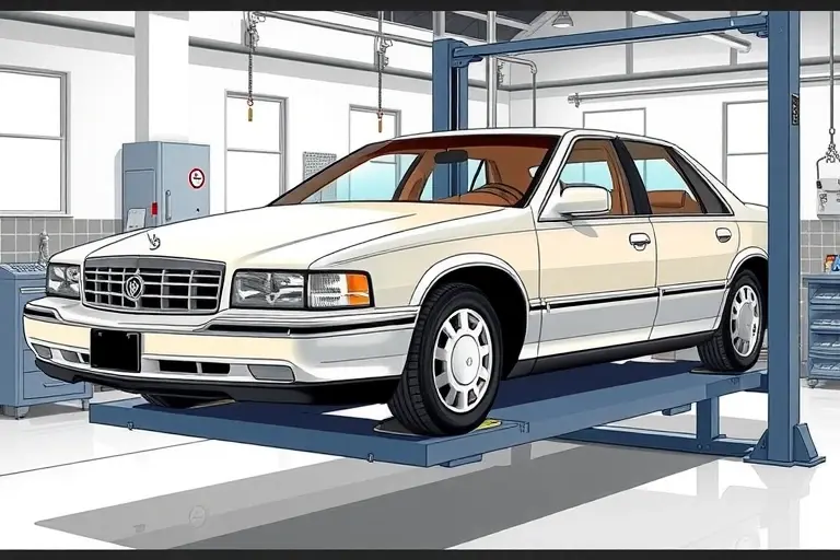 A realistic illustration of a late-1990s Cadillac Seville being serviced for windshield replacement in a clean auto glass workshop. The car is on a service lift, the old windshield is being removed and a new glass panel is positioned, highlighting the vehicle's sleek body lines and the glass work.