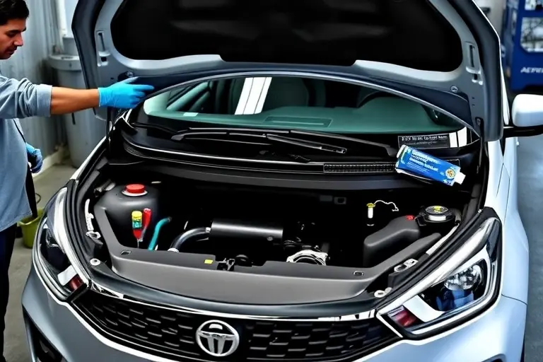 A detailed workshop scene showing a Tata Tiago 1.2 L 86 hp car with its hood open, a mechanic in gloves removing the old windshield, cleaning the frame, and placing a new windshield onto the car, with tools and adhesive visible, all in a realistic, high-resolution style.