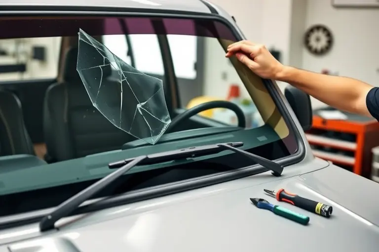 A close-up of a mechanic carefully removing the old windshield from a Mahindra Scorpio N 2.2 diesel 175 hp, with the vehicle's front end visible. The scene shows the cracked windshield being lifted, a set of automotive tools on a nearby workbench, and the new clear windshield ready to be installed. The focus is on the vehicle's front profile, the windshield area, and the hands of the mechanic, with a clean, realistic automotive workshop background.