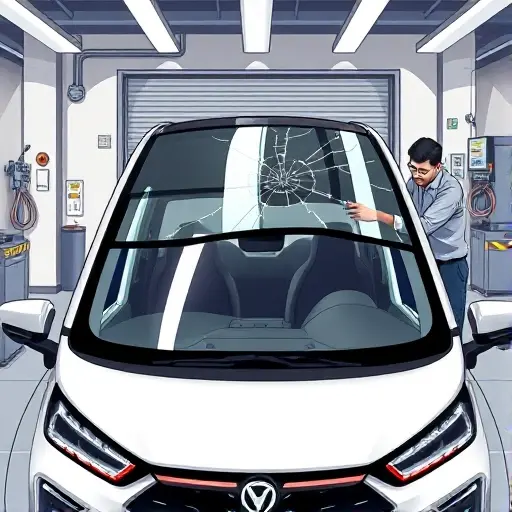 A detailed illustration of a mechanic replacing the windshield of a 2022 Wuling Air EV electric car with 40 hp, showing the car positioned in a modern garage, the broken windshield being removed, a new glass panel ready to be installed, tools like suction cups and a protective film, realistic lighting and reflections on the glass, focusing on the vehicle and the replacement process without any text or branding