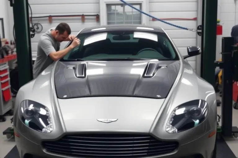 A high‑detail scene of an Aston Martin V8 Vantage (4.3 L V8, 380 hp) in a professional auto workshop, showing the car on a lift with its front windshield being carefully removed and a new windshield positioned ready for installation. Include a skilled mechanic in clean workwear using appropriate tools, a clean garage environment with subtle lighting, and focus on the sleek lines of the car and the glass. No text or branding should appear.