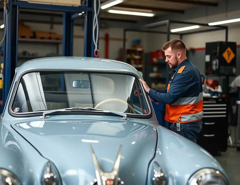 A professional automotive service center showing a technician carefully replacing the windshield of an Alvis TF classic car, with clean tools and equipment visible, well-lit garage environment, no people other than the technician, no text or logos