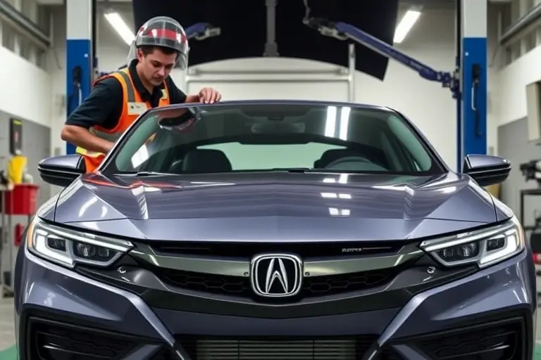 A realistic scene of a 2022 Acura Integra with a 1.5 VTEC Turbo engine in a modern auto repair shop, showing a professional mechanic in safety gear carefully removing the old windshield and installing a new one. The focus is on the car's front view, the windshield glass, and the tools used for the replacement, with a clean, well-lit workshop background.