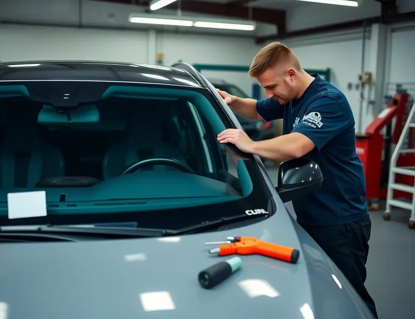 Замена лобового стекла Cupra Formentor A professional automotive technician replacing the windshield of a Cupra Formentor, showing tools and equipment in a well-lit garage, with the car parked on a level surface, no people in the background, clean and focused on the replacement process