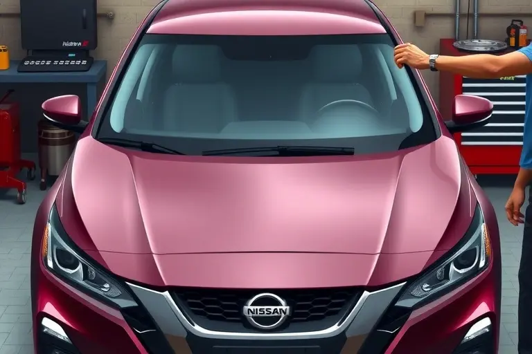 A realistic, high-resolution illustration of a mechanic replacing the windshield of a 2018 Nissan Altima 2.0 VC Turbo 248 hp. The scene shows the car’s front side with the old windshield being removed and a new one being installed. The mechanic’s hands are visible, using proper tools and safety equipment. The background is a garage setting with a workbench, a car jack, and a toolbox. The focus is on the replacement process, showing the car’s hood, the windshield frame, and the detailed work of the mechanic.