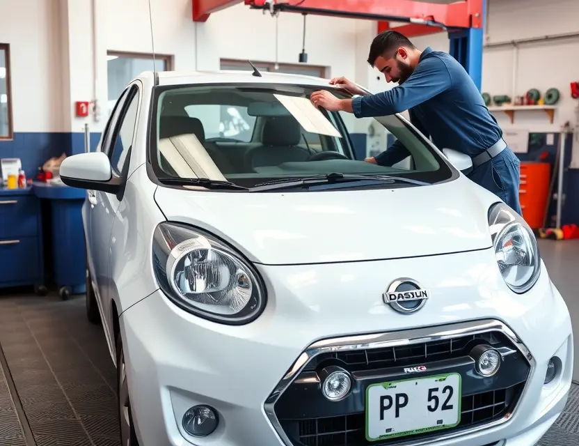 A Datsun Redi GO car with a technician replacing the front windshield, showing the process of removing the old glass and installing a new one, in a clean auto repair shop environment with proper tools and safety equipment visible, natural lighting, high detail