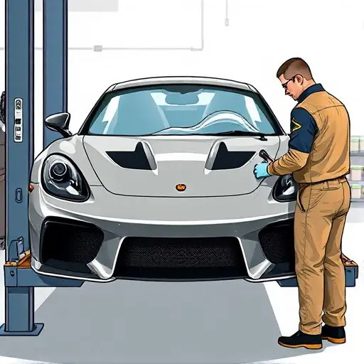 A high-detail illustration of a Wiesmann GT MF5 sports car with its front windshield being removed and replaced by a professional mechanic. The scene shows the car on a garage lift, the broken windshield partially out, a clean new windshield ready to be installed, and the mechanic wearing a work uniform and gloves, using tools. The focus is on the car and the windshield replacement process, with a clean, well-lit garage background. No text, logos, or unrelated objects.