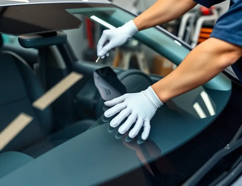 A close-up shot of a car windshield being replaced by a technician. The windshield is being removed with specialized tools, and the new windshield is being installed. The car is a modern sedan, and the background is a workshop setting with tools and equipment. Focus on the hands of the technician and the replacement process.