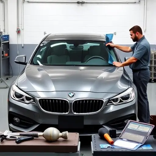 A Brilliance H330 sedan (model years 2013-2017) parked in a clean garage workshop. A professional mechanic in a uniform is carefully removing the damaged front windshield and holding a new windshield ready for installation. The scene shows automotive tools such as a suction cup, a rubber mallet, and a windshield installation kit on a workbench. The focus is on the car and the windshield replacement process, with realistic lighting and a neutral background.