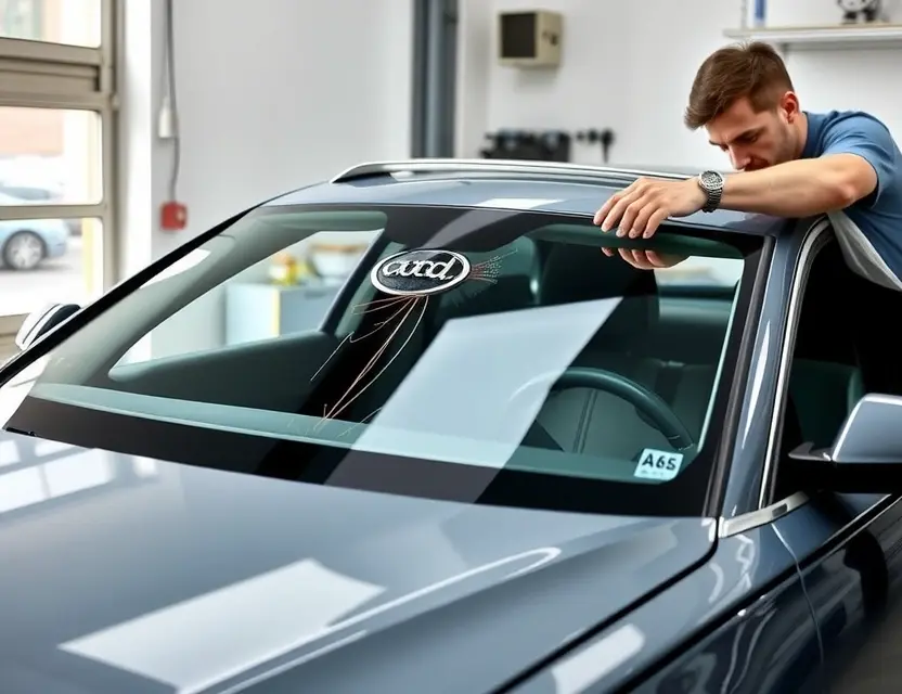 A high-quality image of a luxury sedan with a cracked windshield being replaced by a professional technician, showing a new glass pane being installed on an Audi A6, bright daylight, clean garage background, realistic details, no text or logos