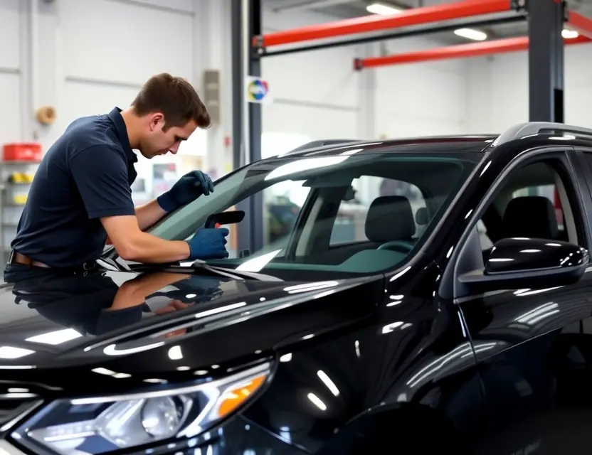 A professional mechanic replacing the windshield on a Chevrolet Equinox in a clean, well-lit auto repair shop, showing the vehicle with the old glass removed and new glass being installed, high-quality automotive photography, realistic lighting, detailed car exterior