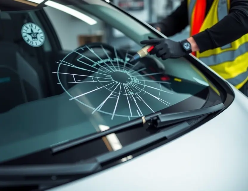 A close-up shot of a Ford Fiesta with a cracked windshield being replaced by a mechanic. The mechanic is wearing gloves and a safety vest, and the new windshield is being carefully installed. Focus on the replacement process and the details of the car and the mechanic's tools.