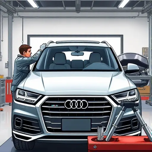 A detailed, realistic illustration of a mechanic in a garage removing an old windshield from an Audi Q7 3.0 V6 TDI 231 hp (2015–2022) and installing a new one. The scene shows the car’s front half with the windshield frame exposed, the mechanic wearing protective gloves and a tool kit, a set of specialized windshield removal tools on a nearby workbench, and a partially opened hood revealing the engine bay. The background is a clean workshop with subtle lighting that highlights the glass and metal surfaces. The focus is on the precision of the replacement process, with clear depiction of the new glass fitting snugly into the frame.