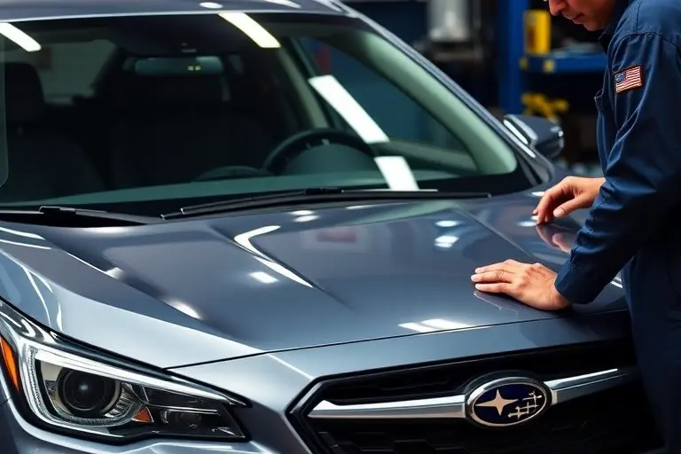 A detailed close-up of a mechanic replacing the windshield on a 2020 Subaru Outback 2.4 Turbo 260 hp, showing the car's front, the new windshield, and the mechanic's hands and tools in a garage setting