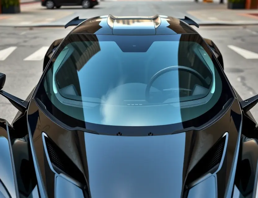 A high-quality image of a luxury sports car, the Apollo Intensa Emozione, with a newly replaced windshield, showing clean, flawless glass reflecting ambient light, parked on a smooth urban surface under natural daylight, no people, no text, no logos, no damage