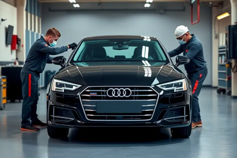 A modern workshop scene showing an Audi A4 (2019 model) with its front windshield being carefully removed and a new windshield being installed. The car is centered, with a professional mechanic in protective gear using appropriate tools, focusing on the glass area. The background is a clean, well-lit garage with subtle equipment, emphasizing the automotive service process without any text or logos.