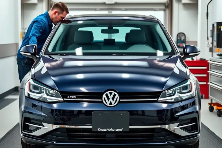 A professional mechanic in a clean garage carefully removing and installing a windshield on a Volkswagen Golf 8 (2019 model) with a 1.5 TSI 150 hp engine. The car is positioned front‑center, showing the front bumper, headlights, and the glass area. The scene includes appropriate tools such as suction cups, a windshield removal tool, and a protective sheet, with a focus on the detailed process of the windshield replacement. The lighting is bright and realistic, emphasizing the car's sleek design and the precision of the work.