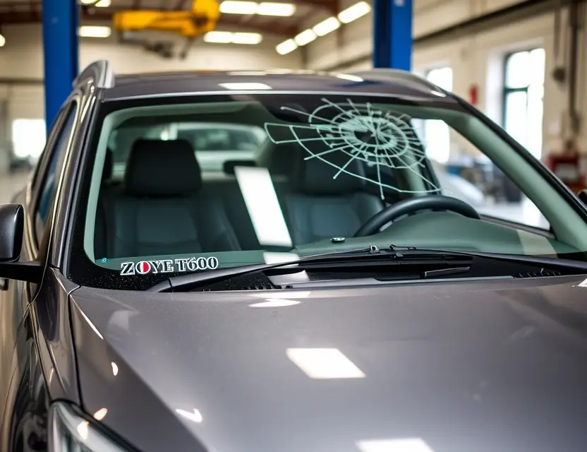A Zotye T600 car with a cracked windshield undergoing windshield replacement at an auto repair shop. The car is parked indoors, with mechanics working on the windshield. Focus on the replacement process and the car's exterior.