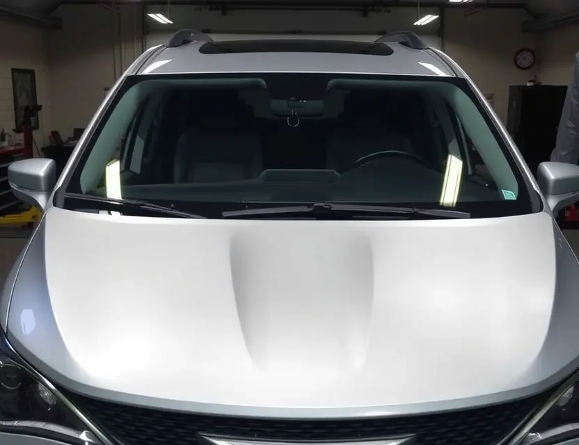 Замена лобового стекла Chrysler Pacifica PHEV A Chrysler Pacifica PHEV with a newly replaced front windshield, viewed from the front at a slight angle, showing clear glass and clean frame, in a well-lit garage or service center environment, no people, no tools, no text