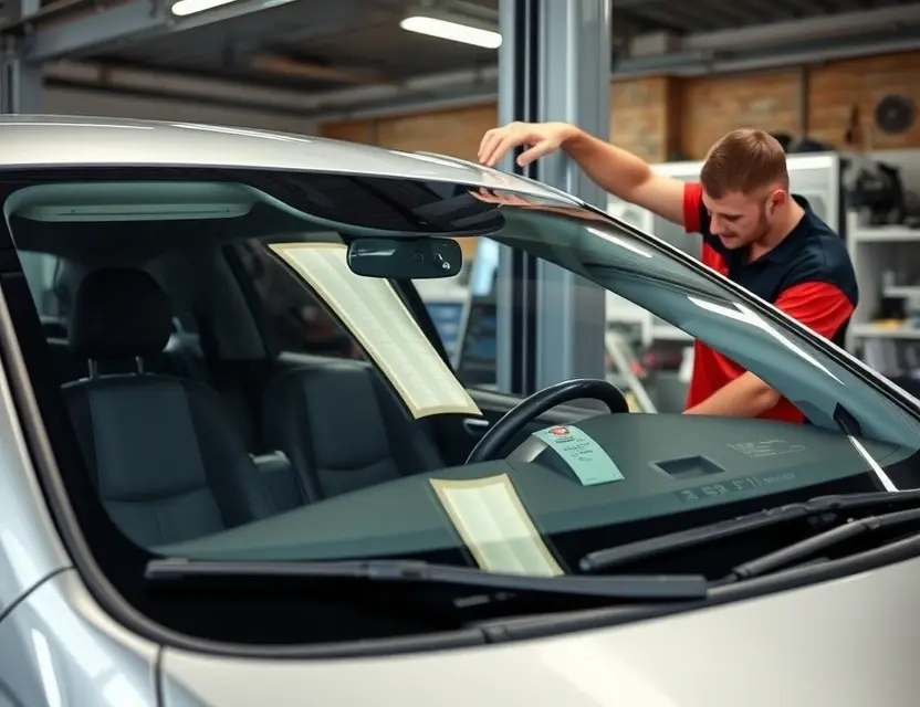 A car being serviced with a technician replacing a windshield, showing the old windshield being removed and a new one being installed, clean workshop environment with tools and equipment visible, no people's faces shown, professional automotive repair setting