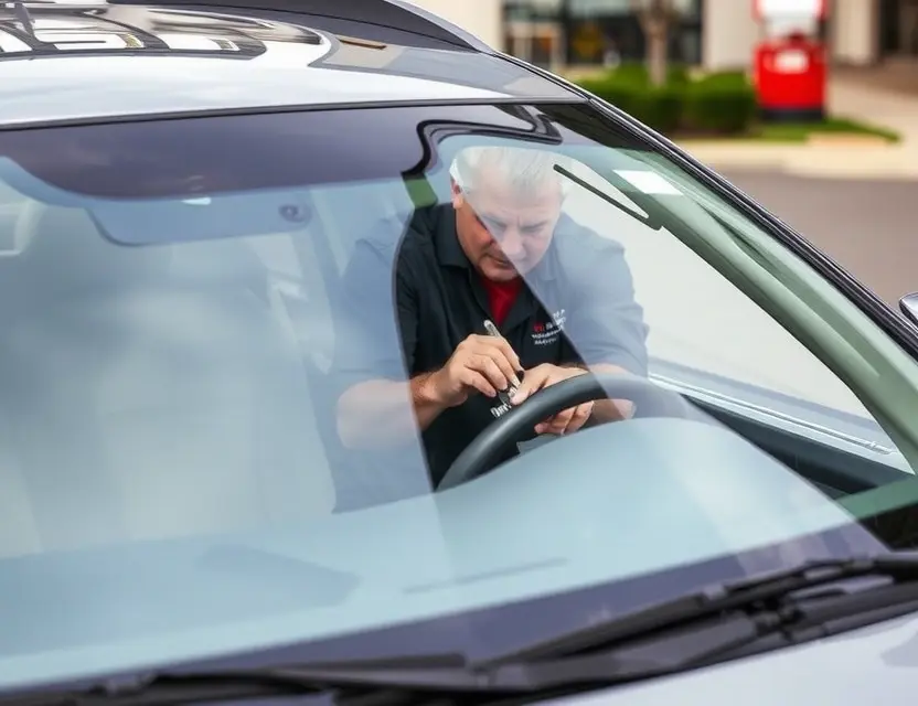 A car windshield replacement service being performed. A technician is working on a car windshield, with tools and parts visible. The car is parked on a street. Focus on the replacement process and the professional setting.