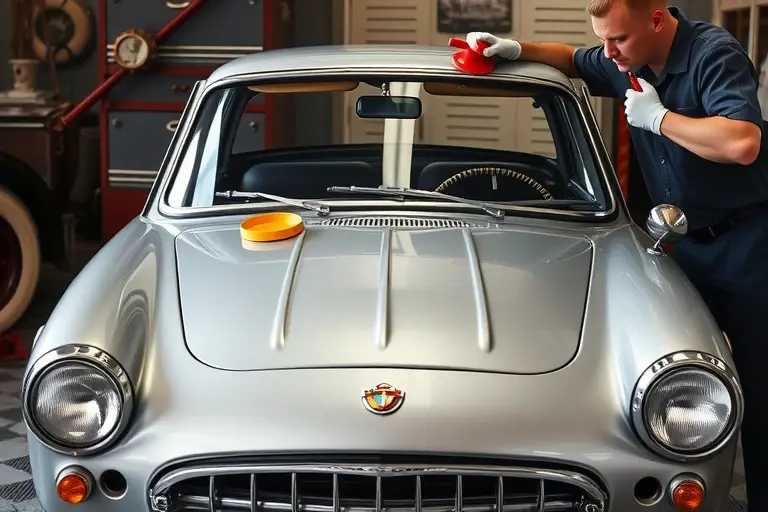 A classic 1960s ASA 1000 GT car (1.0 L R4, 97 hp) in a vintage garage setting, with a mechanic carefully removing the old windshield and installing a new one. The scene shows the car's front end, the partially detached windshield, tools like a suction cup and screwdriver, and a realistic, detailed depiction of the car's bodywork and the garage environment. Emphasize the authenticity of the era, the metallic shine of the car, and the focus on the windshield replacement process.