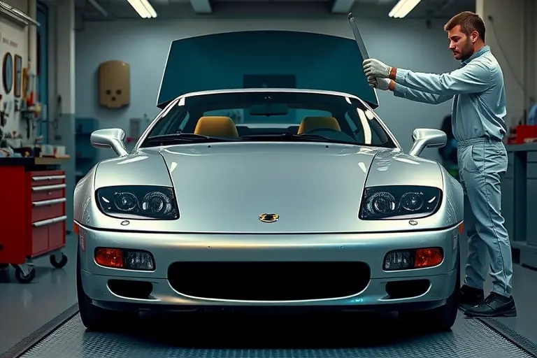 A high‑detail scene of an Ascari Ecosse 4.4 L V8 (1996) in a professional auto workshop, with the front windshield being carefully removed and a new glass positioned for installation. The car is centered, showing its sleek low‑profile body and distinctive headlights. A skilled mechanic in a clean uniform uses specialized tools to detach the old windshield and align the new one, with a workbench, tool trays, and a subtle garage lighting ambience. The focus is on the car, the windshield replacement process, and the realistic workshop environment, without any text, logos, or unrelated objects.