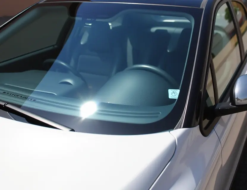 A Citroën ë-C4 with a replaced windshield, showing the new glass installed. The car is parked outdoors on a sunny day. Focus on the replaced windshield and the surrounding car details.