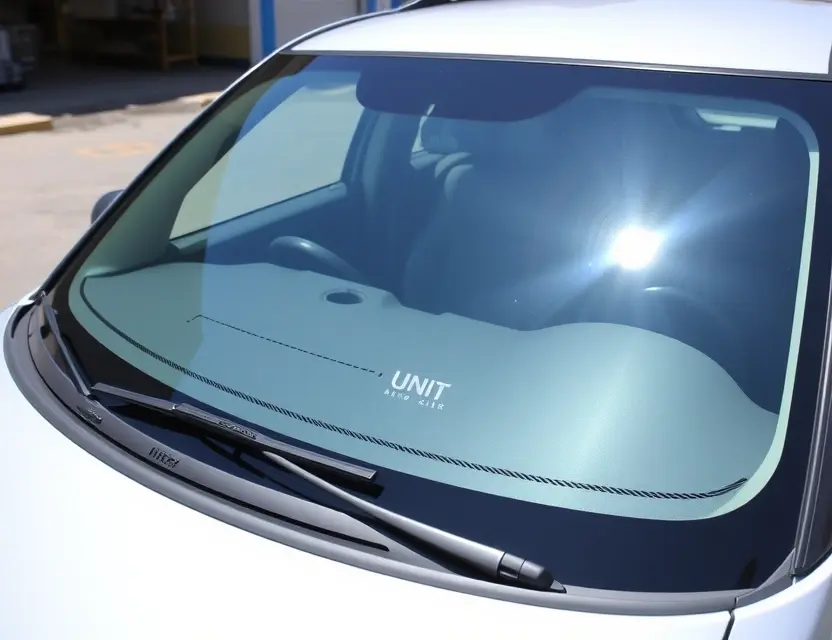A Changan UNI K with a replaced windshield, showcasing the new glass. The car is parked outdoors on a sunny day. Focus on the clarity and quality of the replacement windshield.