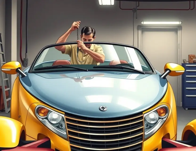A detailed illustration of a Plymouth Prowler car with its windshield being replaced, showing a mechanic installing a new windshield using suction cups and tools, the car's unique retro-futuristic design visible, garage setting with soft lighting, focus on the windshield area, no text or labels present