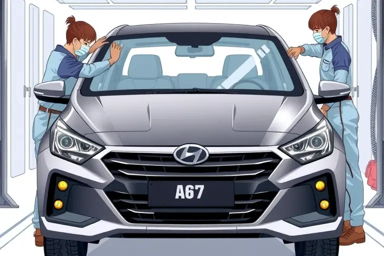 A detailed illustration of a mechanic replacing the windshield on a 2018-2021 Changhe A6 1.5L 116 hp model. The scene shows the car in a garage setting, the mechanic carefully removing the old glass and installing a new one, with tools and safety gear visible. The focus is on the car's front, the windshield area, and the mechanic's hands. The background is a clean workshop environment.