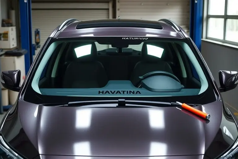 A detailed scene of a mechanic replacing the windshield on a Haval F7 2.0 Turbo 224 hp (2019–present) sedan. The image shows the car's front in a garage, the old windshield removed, the new clear glass being fitted, with tools and a protective cover. The focus is on the glass and the replacement process, with the car's body visible but no branding logos.