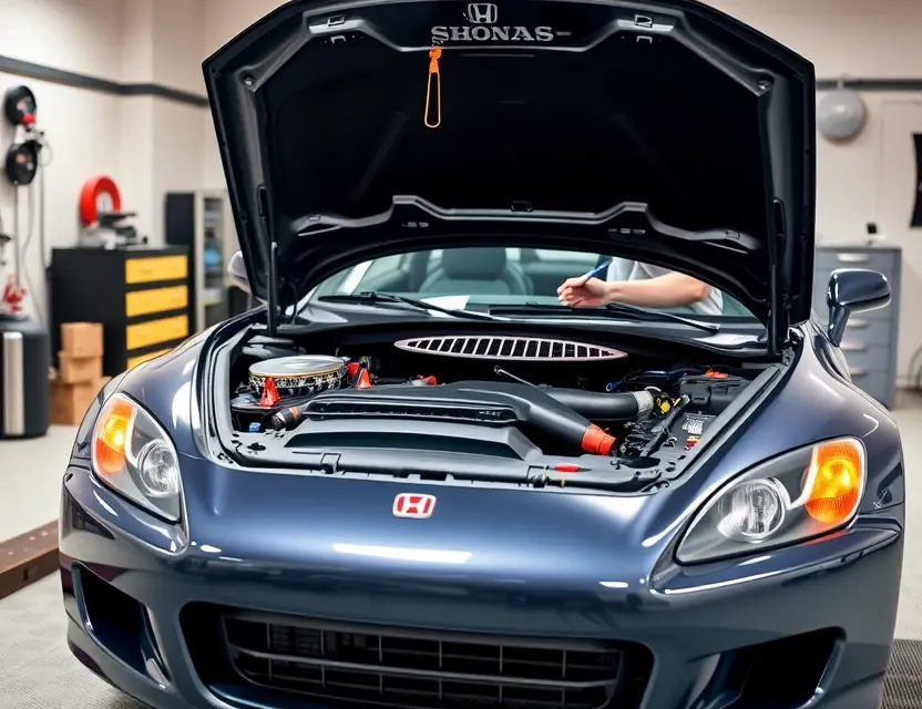 Замена лобового стекла Honda S2000 A detailed image of a Honda S2000 with its hood open, showing the process of replacing the windshield. The car should be in a well-lit garage or workshop, with a technician carefully removing the old windshield and preparing to install a new one. The scene should include tools and equipment commonly used for such a task, such as a windshield removal tool, suction cups, and a new windshield ready for installation.