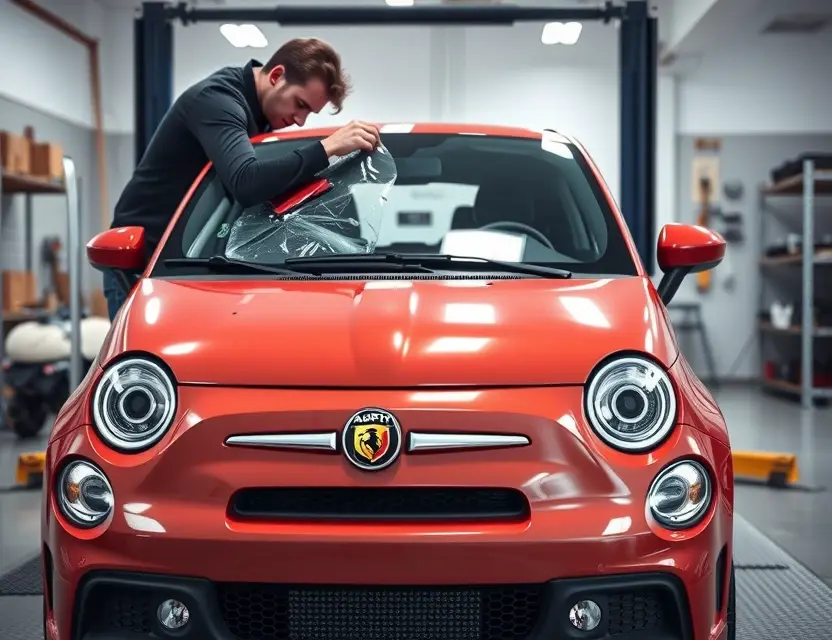 A modern electric Abarth 600e car with a damaged front windshield being replaced by a professional technician in a clean, well-lit auto service center, focus on the car's front end and the replacement process, no people's faces visible, no text or logos on the car or tools