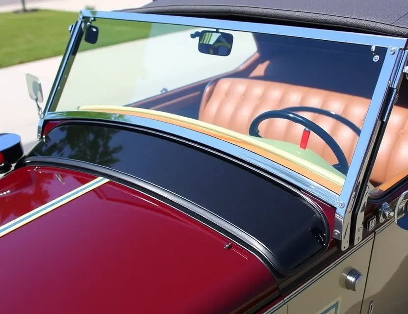 Предлагаем услугу по замене лобового стекла Duesenberg Model X A detailed image of a Duesenberg Model X with a replaced windshield. The windshield is clear and new, seamlessly integrated with the existing frame. The car is parked outdoors on a sunny day, showcasing the craftsmanship and elegance of the vehicle. Focus on the replacement windshield as a key element.