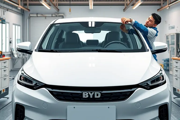 A detailed, realistic scene of a BYD Han EV (first generation, 2020‑present) in a clean garage workshop, with a professional mechanic carefully removing the old windshield and installing a new one. The car is centered, showing the front view and the windshield area, with tools such as suction cups, a glass cutter, and a protective film visible. The lighting is bright and natural, emphasizing the glass and the sleek design of the vehicle.