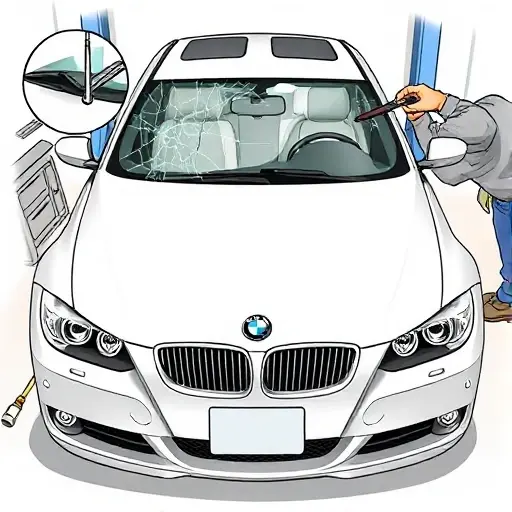 A detailed illustration of a mechanic replacing the windshield on a BMW 3 Series E90 (2006-2010). The image shows the car’s front profile with the old broken glass removed and a new glass panel being fitted. Tools such as a suction cup, adhesive, and a wedge are visible. The setting is a garage with a workbench, a car lift or jack, and a clear view of the windshield area. The focus is on the mechanical process and the car’s front, with no text, numbers, or logos.
