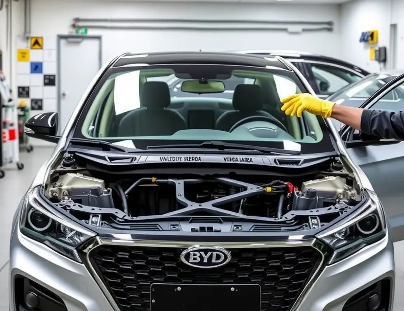 A high-quality, realistic photo of a BYD F3 sedan in a professional auto repair shop with its front windshield removed, showing the exposed frame and a new windshield being carefully installed by a technician wearing safety gloves, bright workshop lighting, clean background, no text or logos