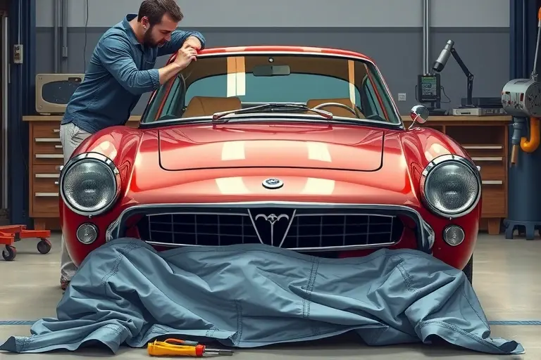 A detailed, realistic illustration of a mechanic replacing the windshield on a classic Iso Rivolta 5.4 V8 300 hp sports car from the 1960s. The scene shows the car's front end with the old windshield removed, a new glass panel being fitted, and tools and a protective cover in the foreground. The background is a workshop setting with subtle lighting, emphasizing the car's sleek body lines and the precision of the replacement process.