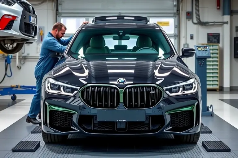 A high‑detail scene of an Alpina XB7 4.4 V8 Biturbo (2020 model) in a professional garage, with the front windshield being carefully removed and a new glass being installed. Show a skilled mechanic in work overalls using specialized tools, the car lifted on a service lift, and the surrounding environment clean and well‑lit, emphasizing the glass replacement process.